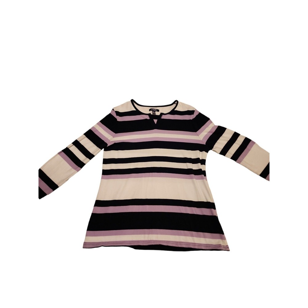 Chaps Striped Tunic Top V-Neck Long Sleeve Casual Black Purple‎ White L